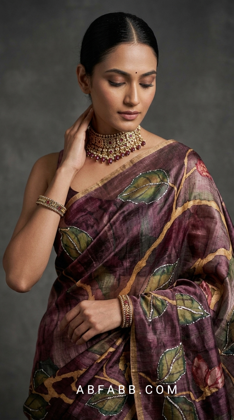 Deep Wine Pure Tussar Silk Saree with Hand-Painted Leaf Art & Hand Kantha Stitch