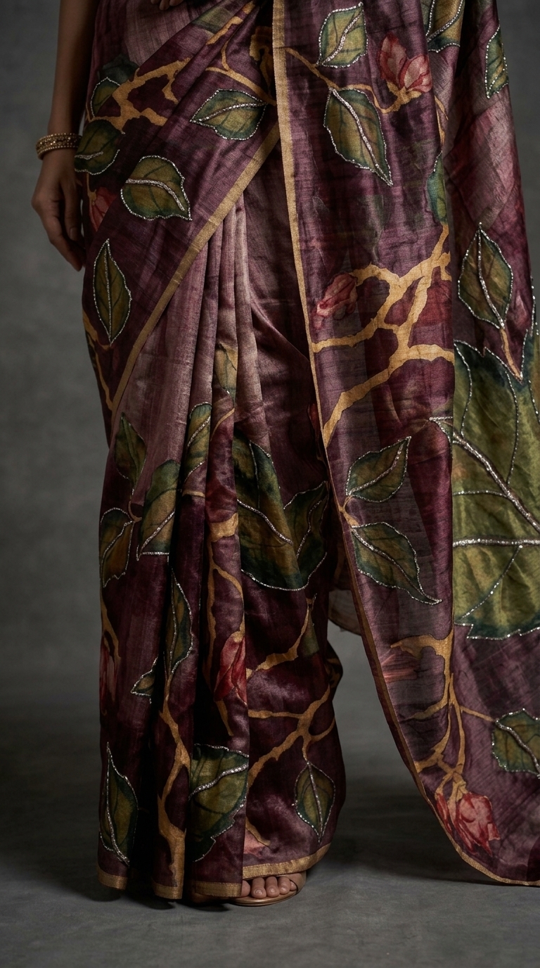 Deep Wine Pure Tussar Silk Saree with Hand-Painted Leaf Art & Hand Kantha Stitch