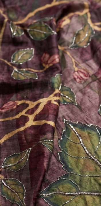 Deep Wine Pure Tussar Silk Saree with Hand-Painted Leaf Art & Hand Kantha Stitch
