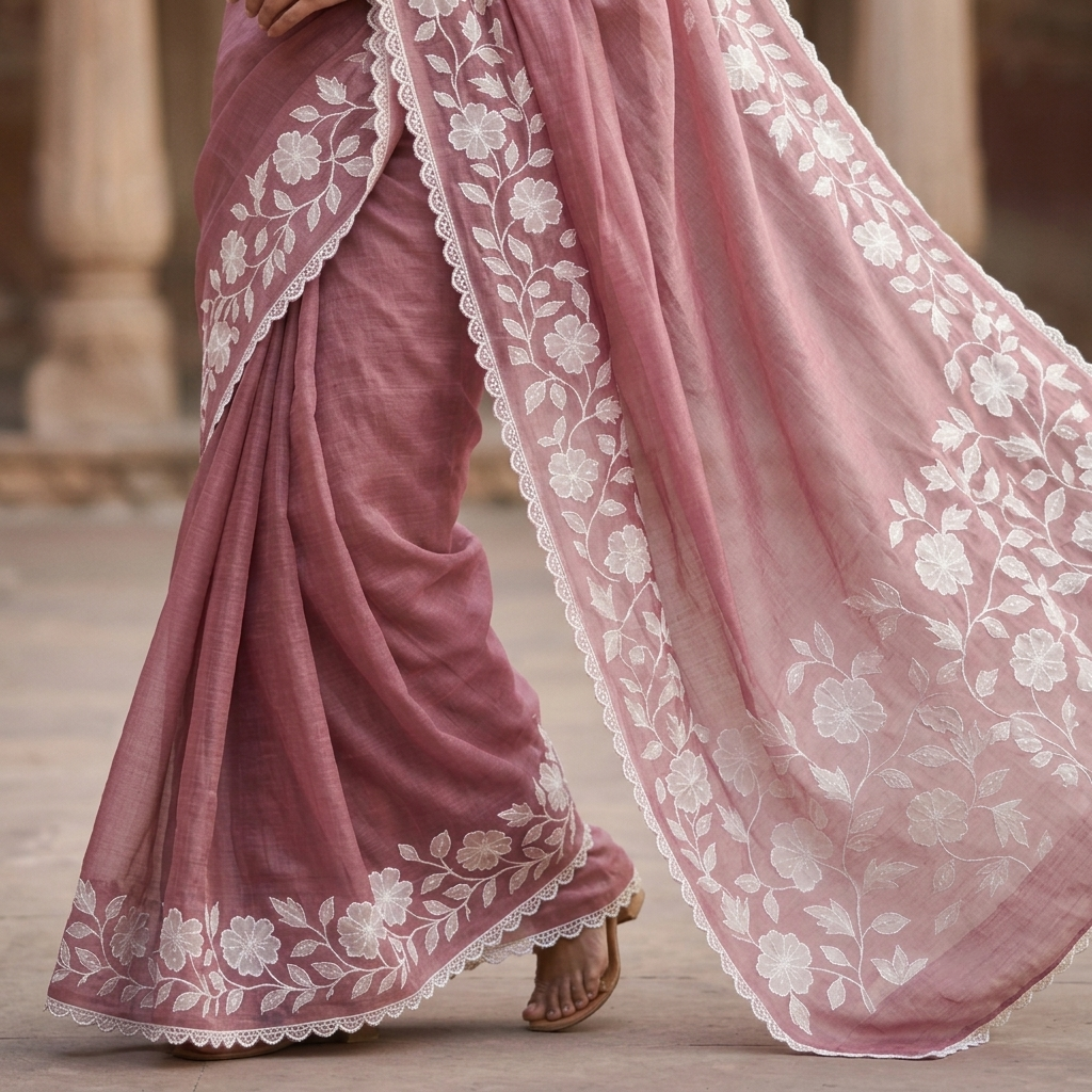 Dusty Mauve Mul Chanderi Saree with White Floral Applique Work & Scalloped Border