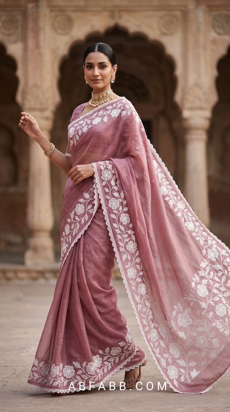 Dusty Mauve Mul Chanderi Saree with White Floral Applique Work & Scalloped Border