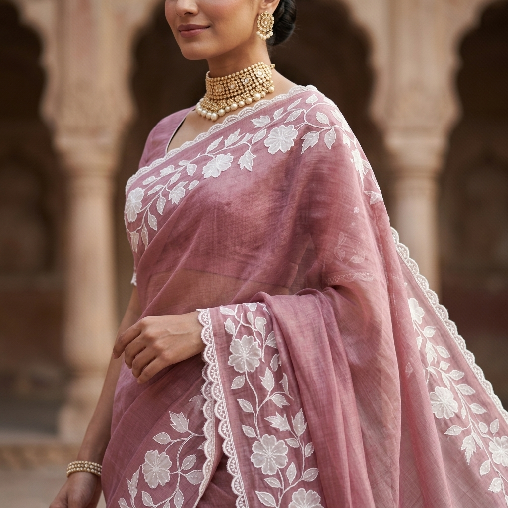 Dusty Mauve Mul Chanderi Saree with White Floral Applique Work & Scalloped Border