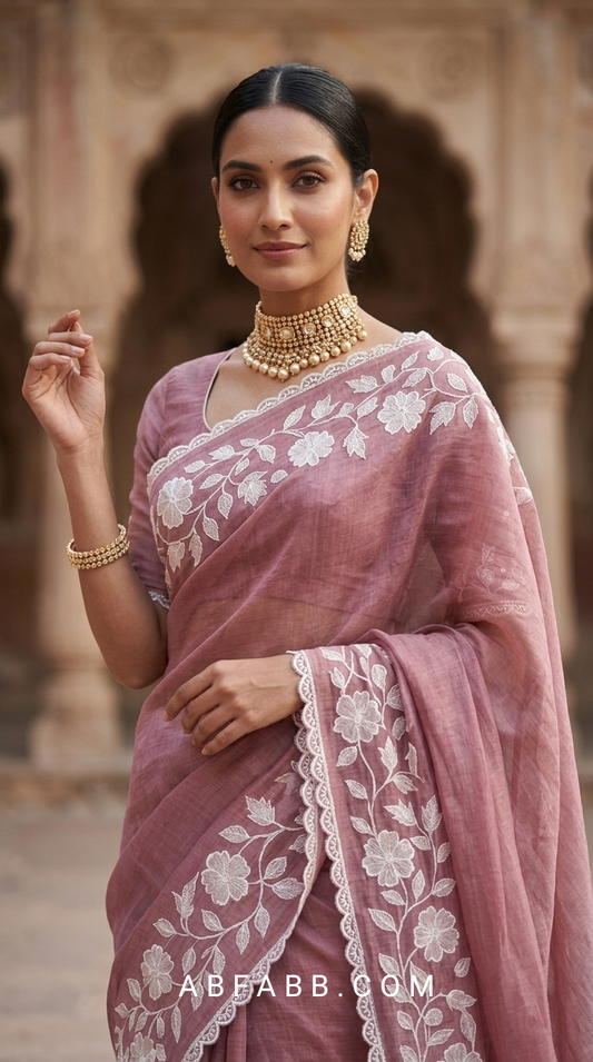 Dusty Mauve Mul Chanderi Saree with White Floral Applique Work & Scalloped Border
