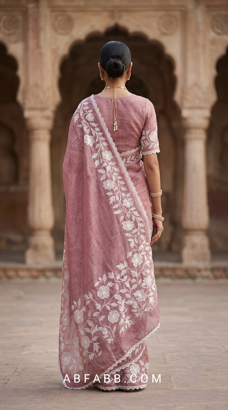 Dusty Mauve Mul Chanderi Saree with White Floral Applique Work & Scalloped Border