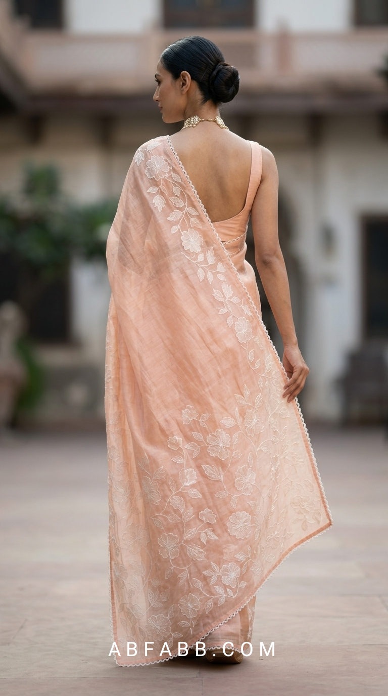 Peach Mul Chanderi Silk Saree with White Floral Applique Work & Scalloped Border