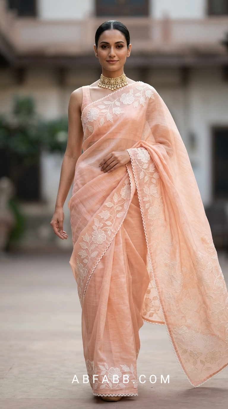 Peach Mul Chanderi Silk Saree with White Floral Applique Work & Scalloped Border