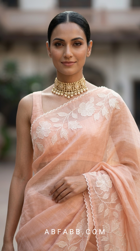 Peach Mul Chanderi Silk Saree with White Floral Applique Work & Scalloped Border