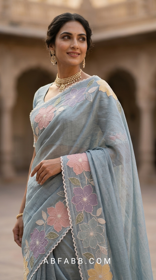 Powder Blue Mul Chanderi Silk Saree With Pastel Floral Applique Work & Scalloped Border