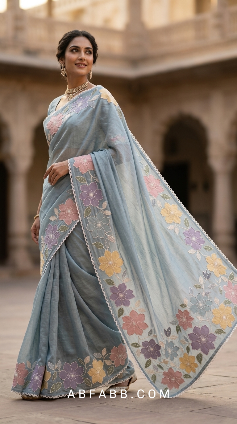 Powder Blue Mul Chanderi Silk Saree With Pastel Floral Applique Work & Scalloped Border