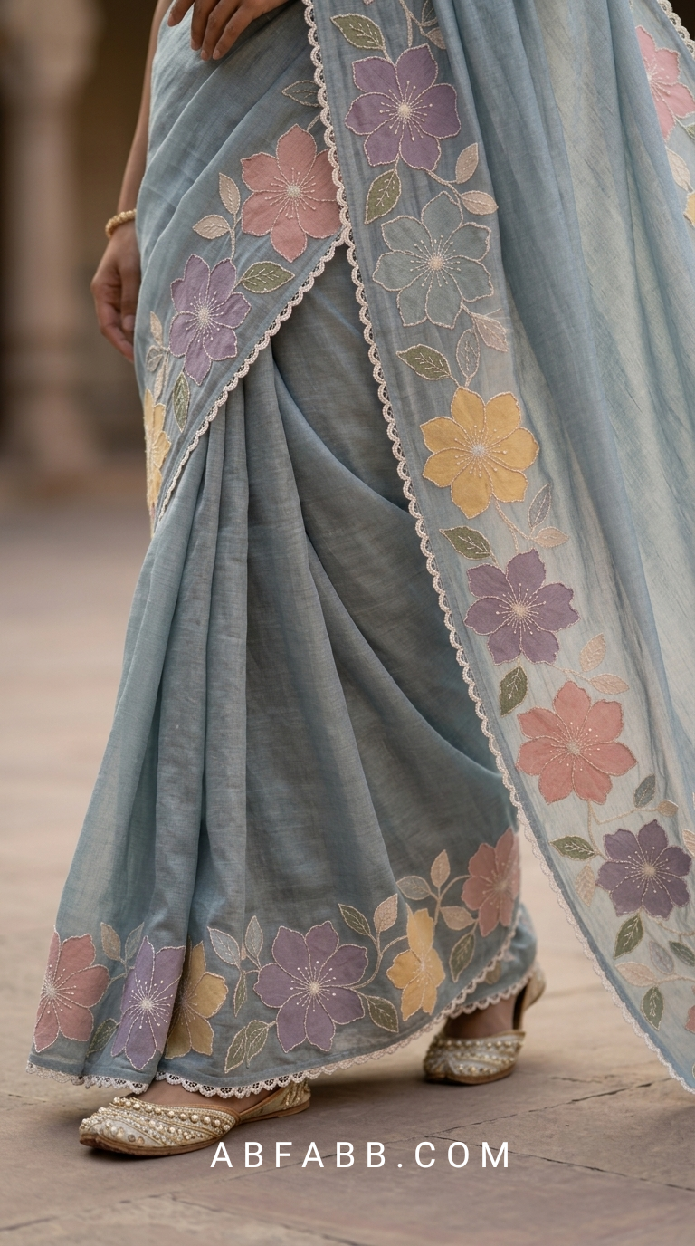 Powder Blue Mul Chanderi Silk Saree With Pastel Floral Applique Work & Scalloped Border