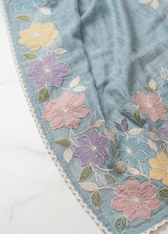 Powder Blue Mul Chanderi Silk Saree With Pastel Floral Applique Work & Scalloped Border