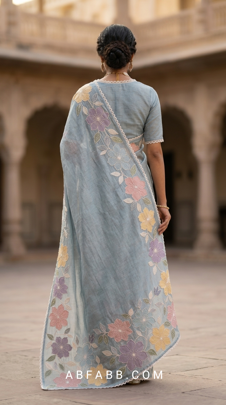Powder Blue Mul Chanderi Silk Saree With Pastel Floral Applique Work & Scalloped Border