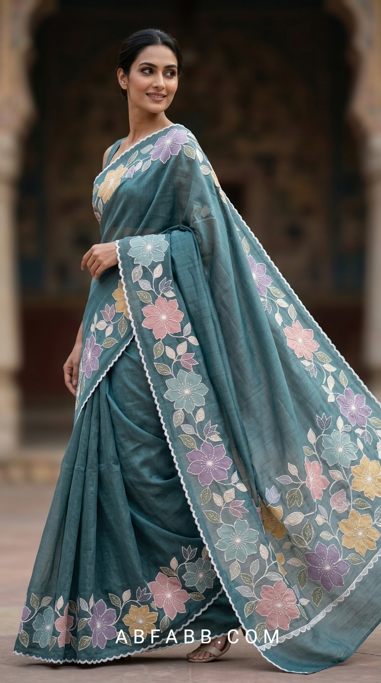 Teal Blue Mul Chanderi Silk Saree With Pastel Floral Applique Work & Scalloped Border