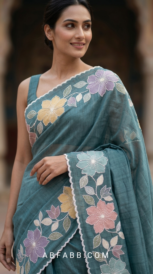 Teal Blue Mul Chanderi Silk Saree With Pastel Floral Applique Work & Scalloped Border