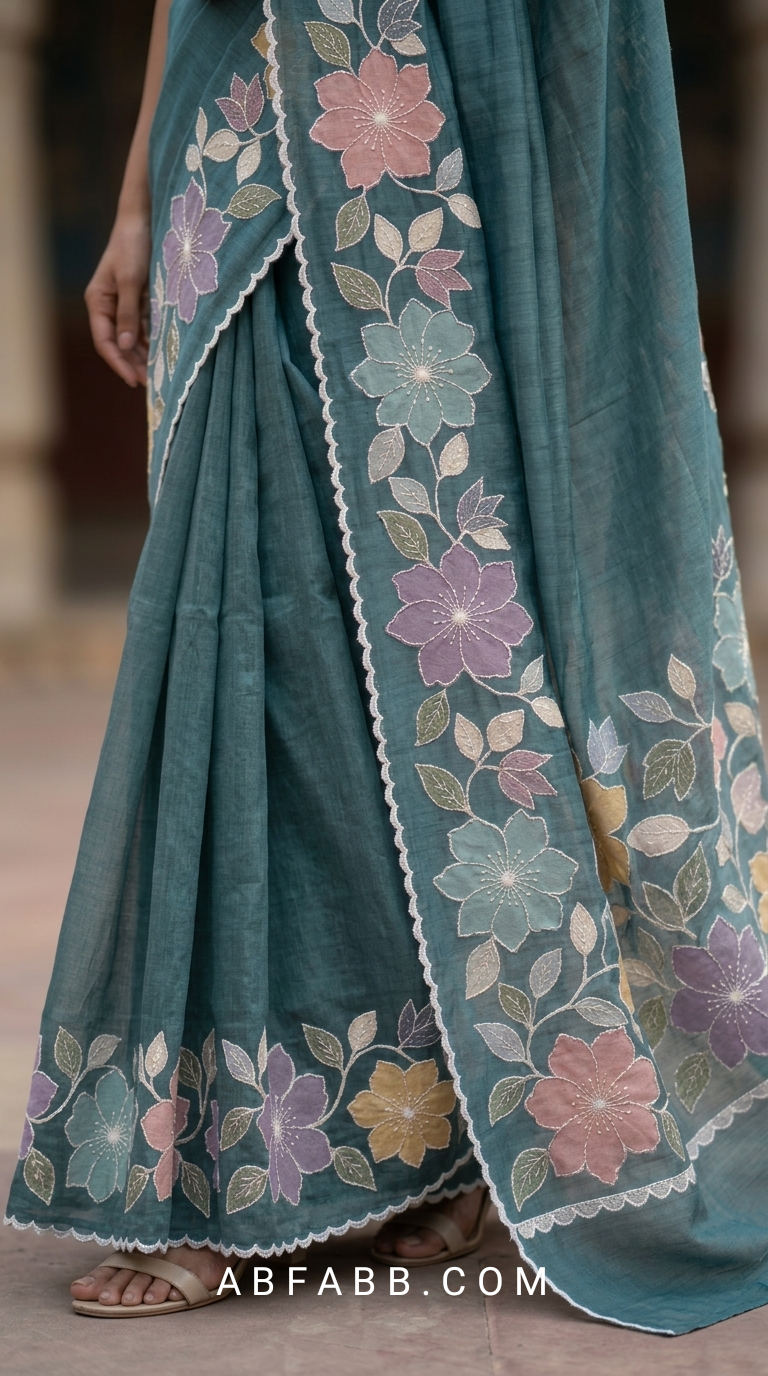 Teal Blue Mul Chanderi Silk Saree With Pastel Floral Applique Work & Scalloped Border