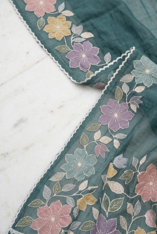 Teal Blue Mul Chanderi Silk Saree With Pastel Floral Applique Work & Scalloped Border