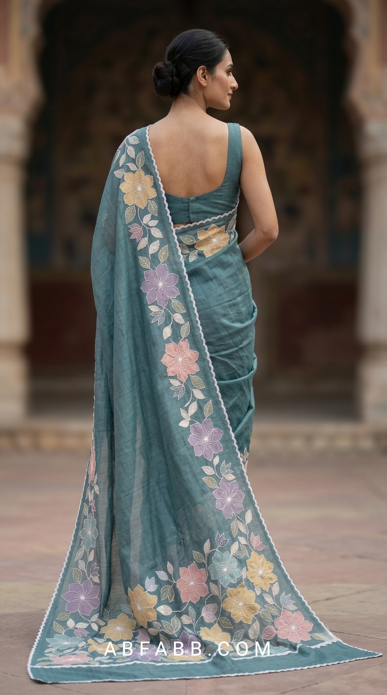 Teal Blue Mul Chanderi Silk Saree With Pastel Floral Applique Work & Scalloped Border