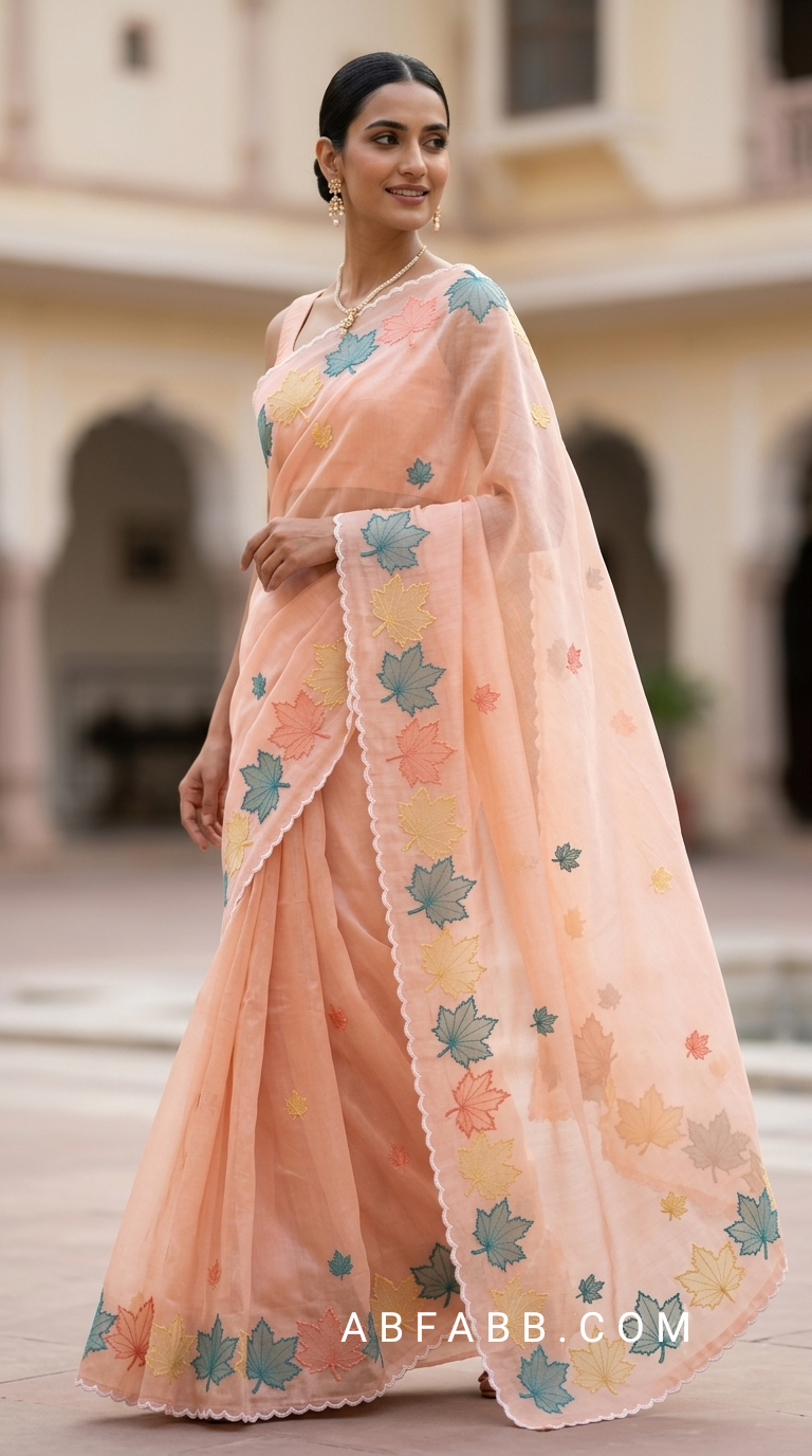 Peach Mul Chanderi Silk Saree with Multicolour Maple Leaf Organza Applique Work & Scalloped Border