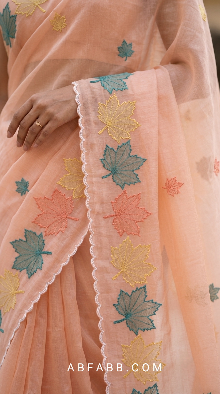 Peach Mul Chanderi Silk Saree with Multicolour Maple Leaf Organza Applique Work & Scalloped Border