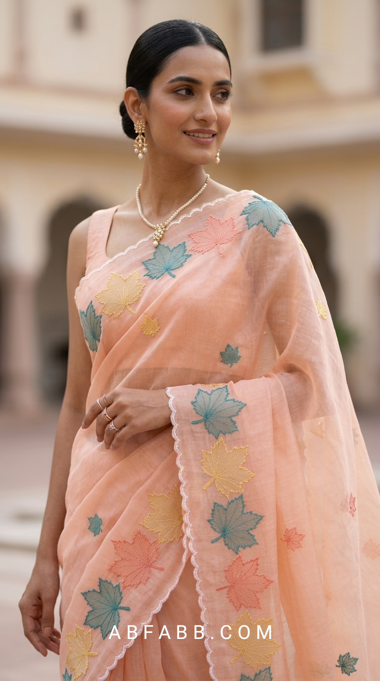Peach Mul Chanderi Silk Saree with Multicolour Maple Leaf Organza Applique Work & Scalloped Border