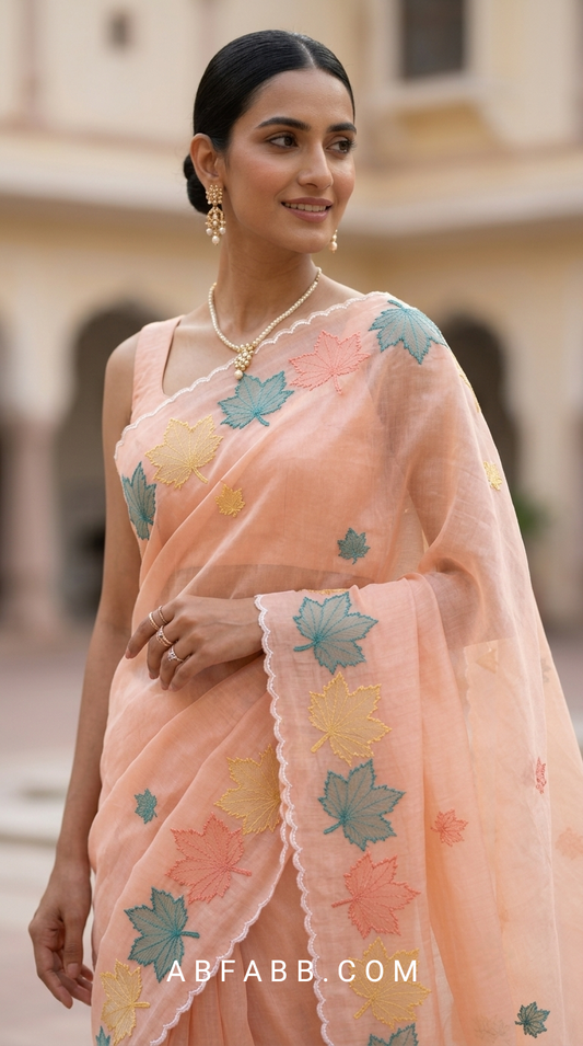 Peach Mul Chanderi Silk Saree with Multicolour Maple Leaf Organza Applique Work & Scalloped Border