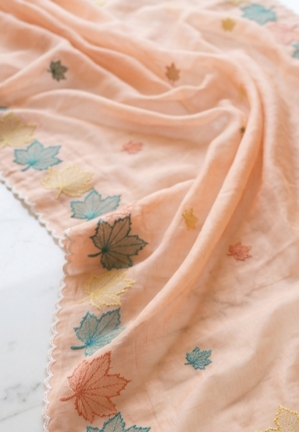 Peach Mul Chanderi Silk Saree with Multicolour Maple Leaf Organza Applique Work & Scalloped Border