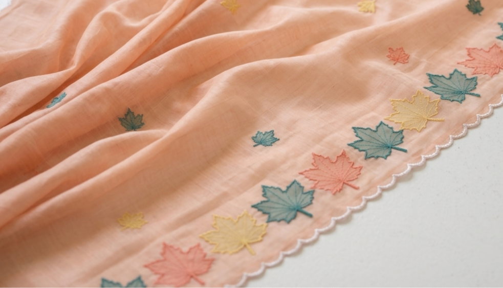 Peach Mul Chanderi Silk Saree with Multicolour Maple Leaf Organza Applique Work & Scalloped Border