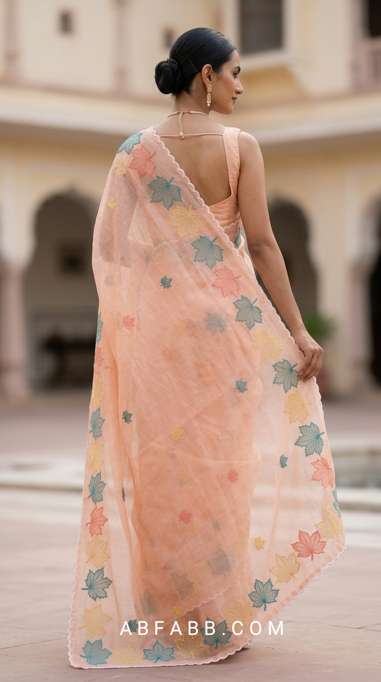 Peach Mul Chanderi Silk Saree with Multicolour Maple Leaf Organza Applique Work & Scalloped Border