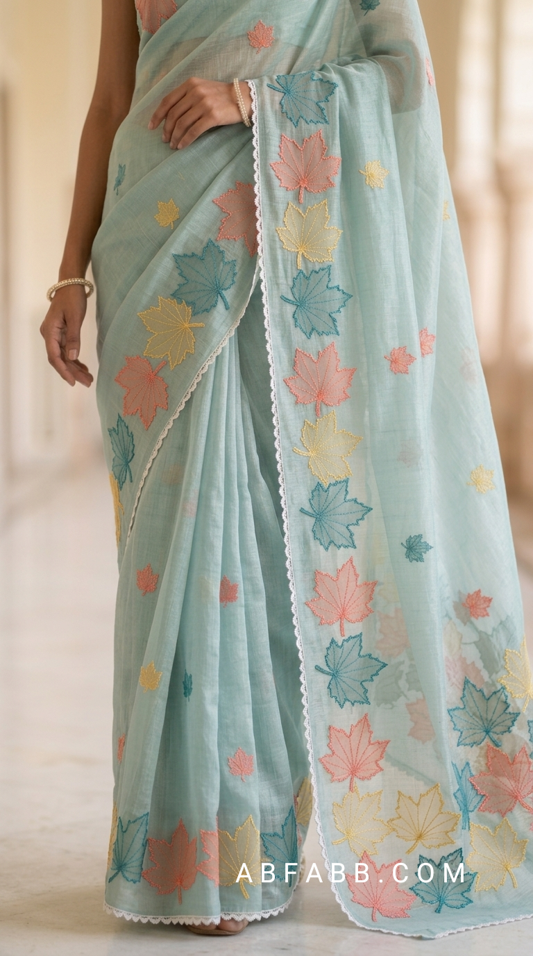 Aqua Blue Mul Chanderi Silk Saree with Multicolour Maple Leaf Organza Applique Work & Scalloped Border