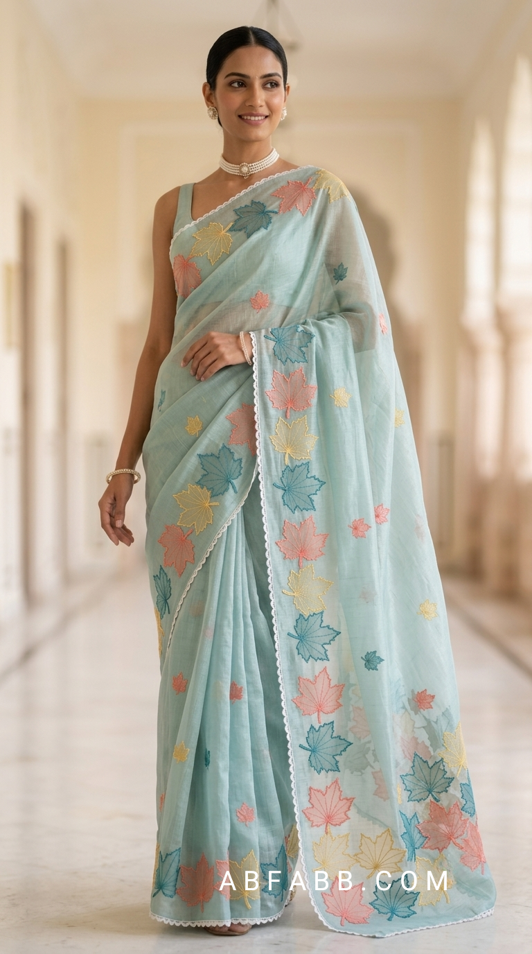 Aqua Blue Mul Chanderi Silk Saree with Multicolour Maple Leaf Organza Applique Work & Scalloped Border