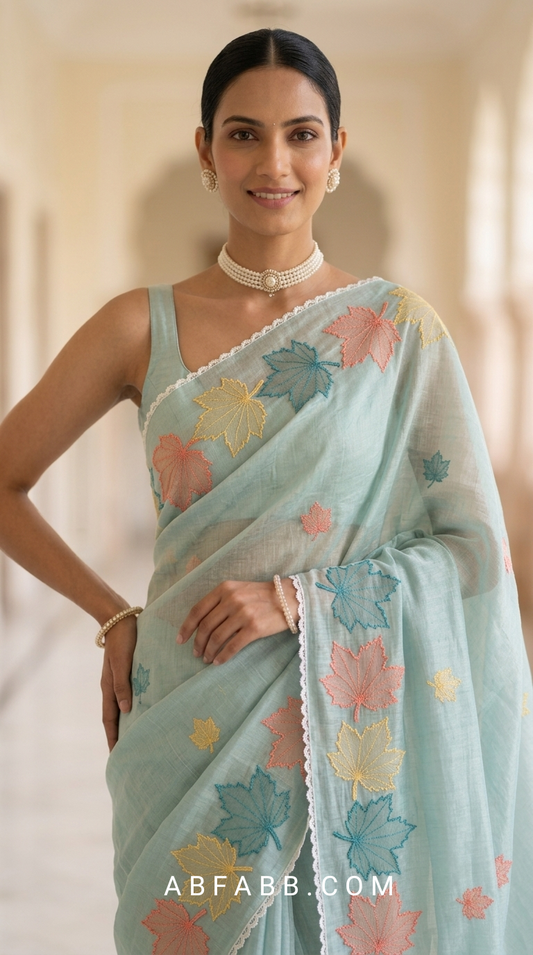 Aqua Blue Mul Chanderi Silk Saree with Multicolour Maple Leaf Organza Applique Work & Scalloped Border
