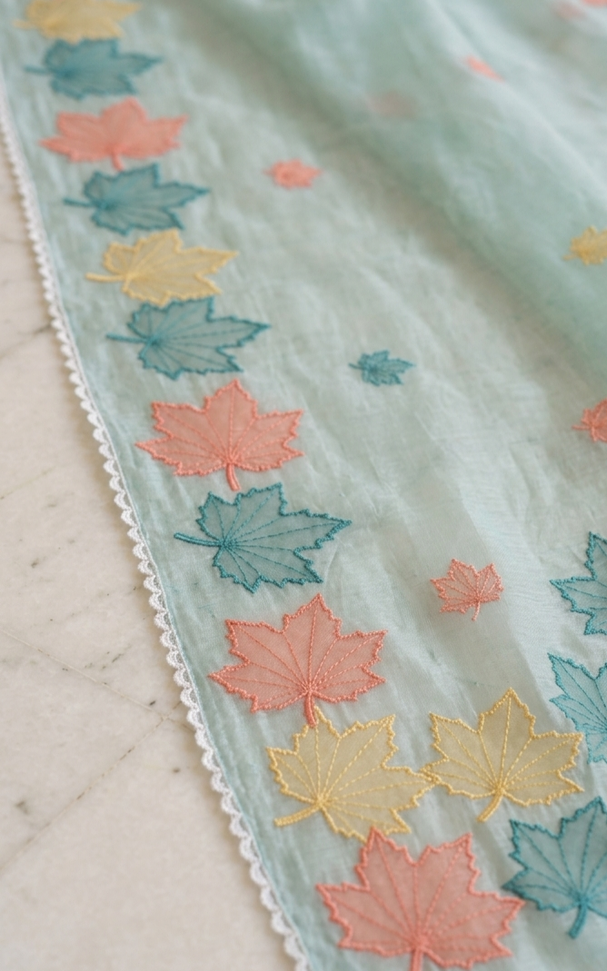 Aqua Blue Mul Chanderi Silk Saree with Multicolour Maple Leaf Organza Applique Work & Scalloped Border