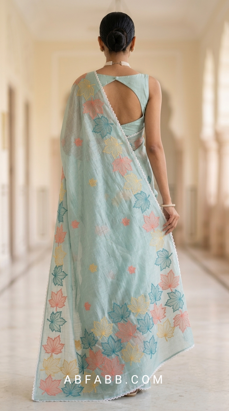 Aqua Blue Mul Chanderi Silk Saree with Multicolour Maple Leaf Organza Applique Work & Scalloped Border