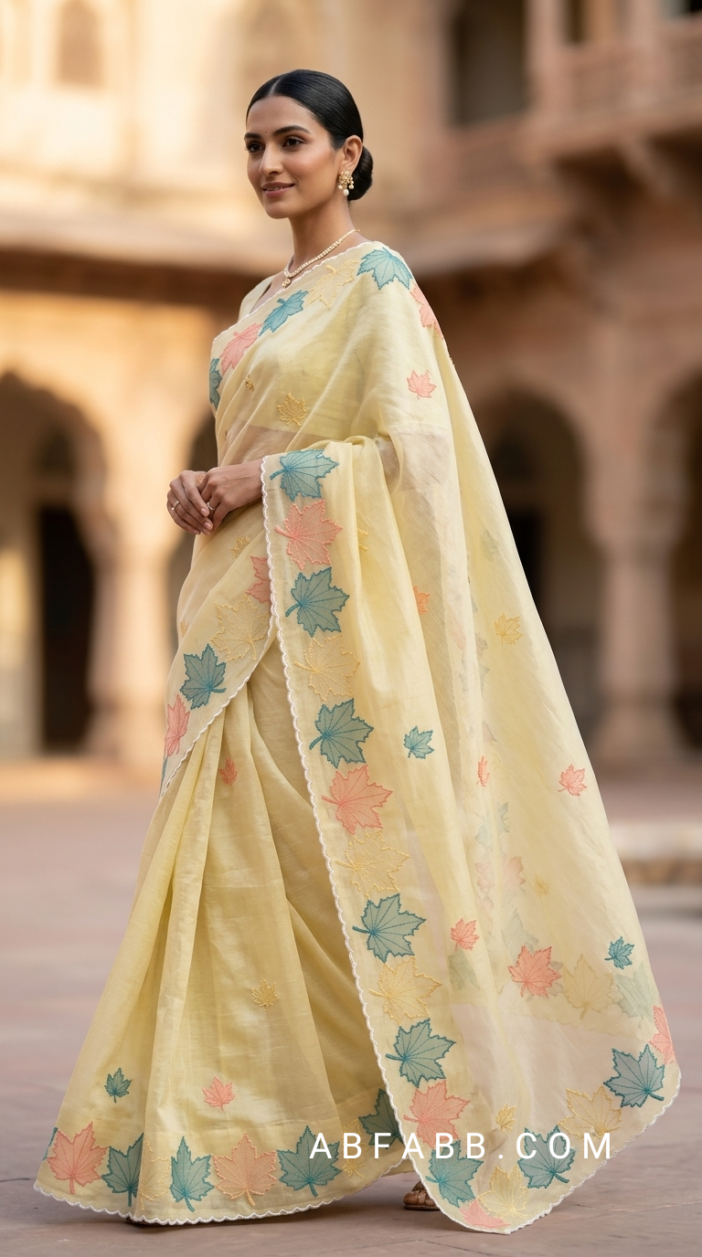 Butter Yellow Mul Chanderi Silk Saree with Multicolour Maple Leaf Organza Applique Work & Scalloped Border