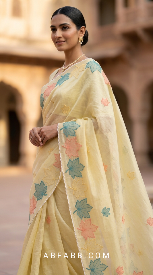Butter Yellow Mul Chanderi Silk Saree with Multicolour Maple Leaf Organza Applique Work & Scalloped Border