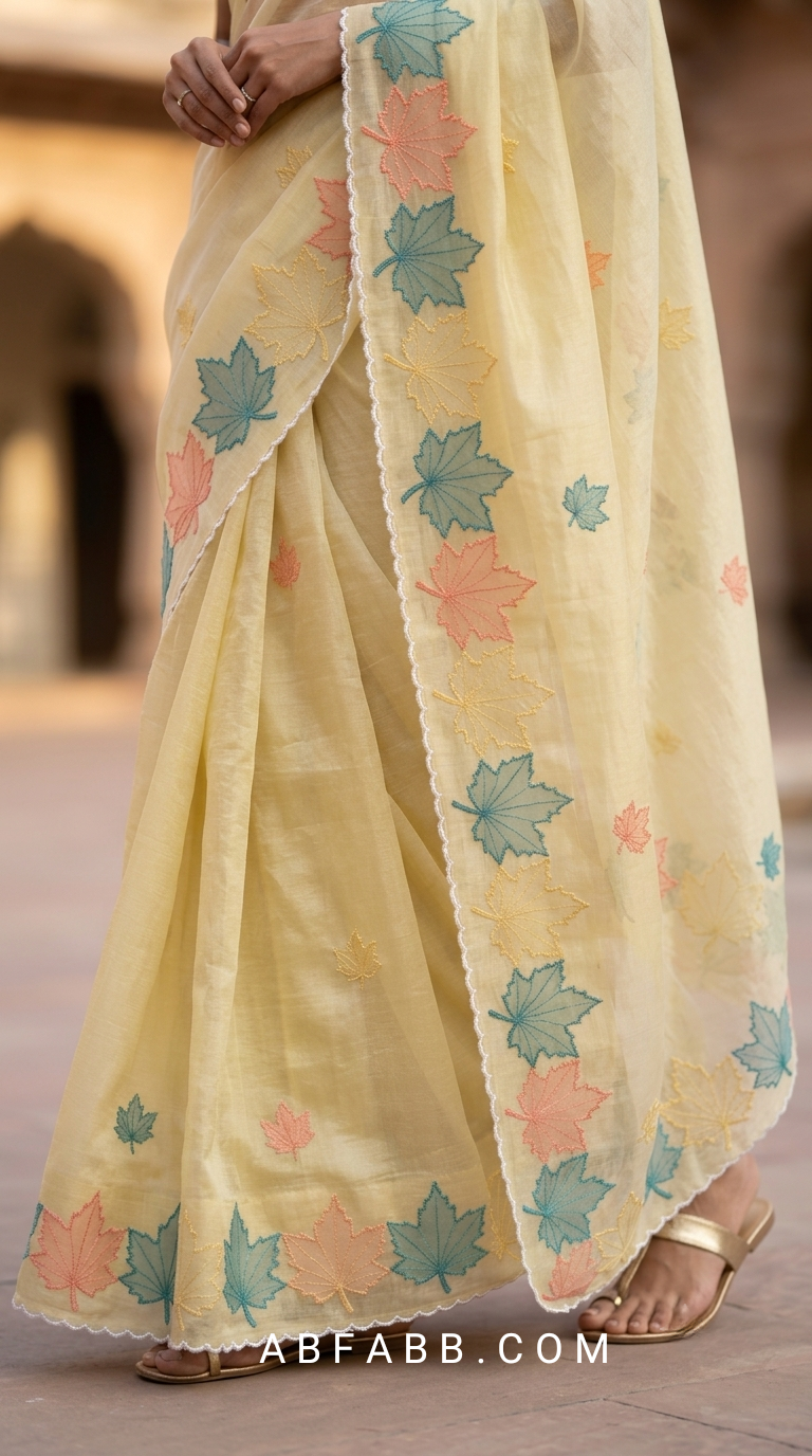 Butter Yellow Mul Chanderi Silk Saree with Multicolour Maple Leaf Organza Applique Work & Scalloped Border