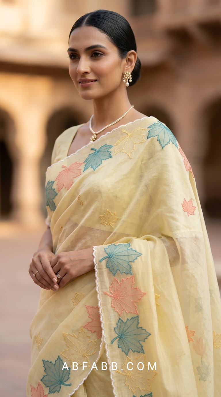 Butter Yellow Mul Chanderi Silk Saree with Multicolour Maple Leaf Organza Applique Work & Scalloped Border