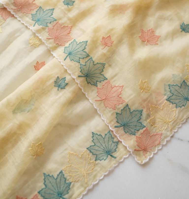 Butter Yellow Mul Chanderi Silk Saree with Multicolour Maple Leaf Organza Applique Work & Scalloped Border