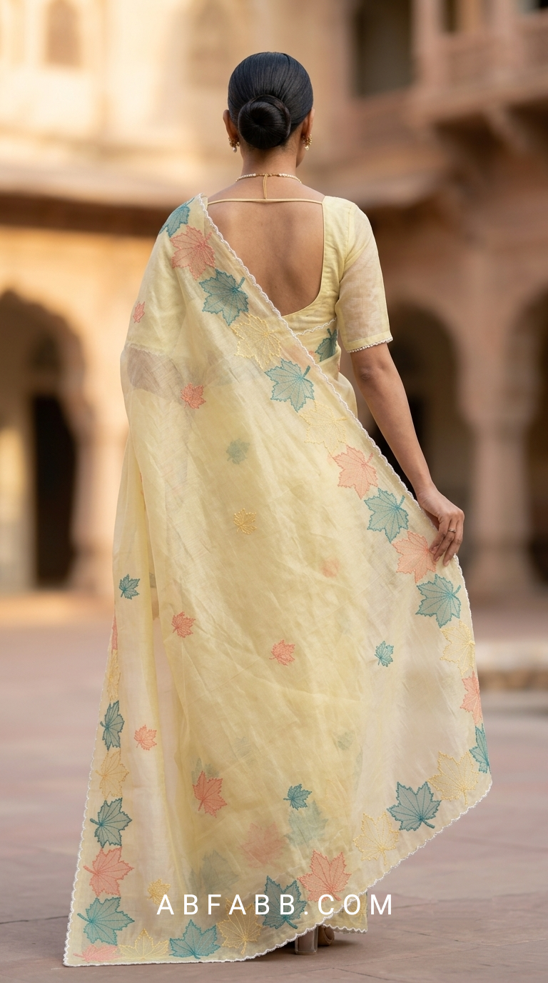 Butter Yellow Mul Chanderi Silk Saree with Multicolour Maple Leaf Organza Applique Work & Scalloped Border