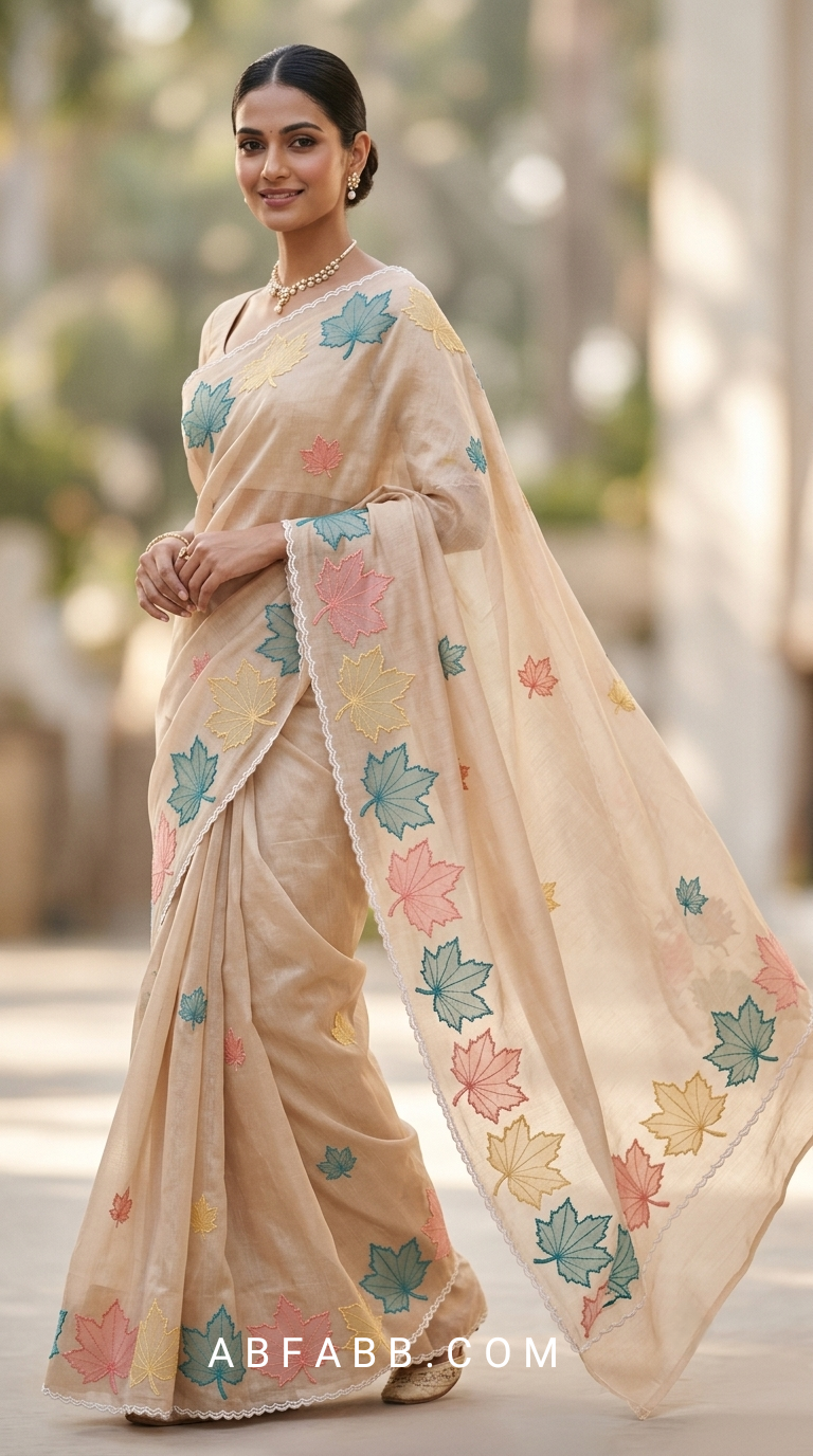 Beige Mul Chanderi Silk Saree with Multicolour Maple Leaf Organza Applique Work & Scalloped Border