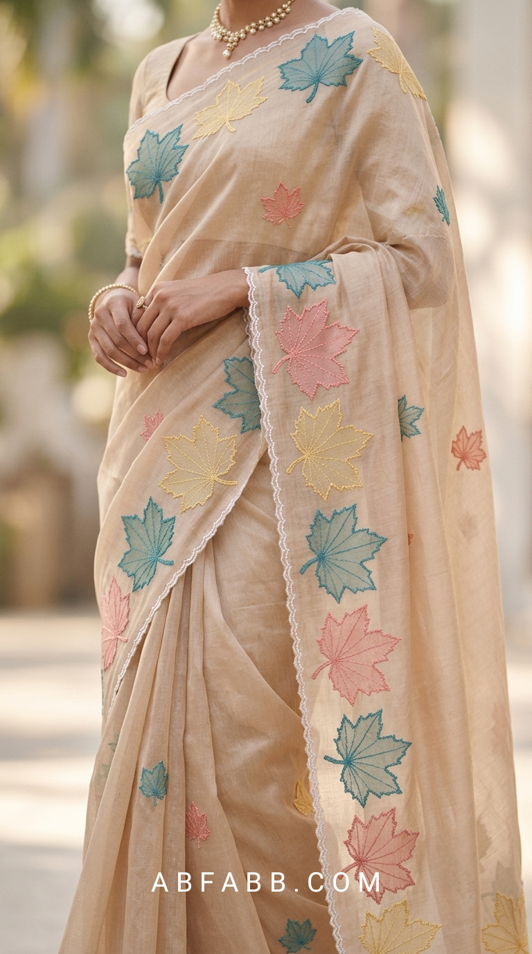 Beige Mul Chanderi Silk Saree with Multicolour Maple Leaf Organza Applique Work & Scalloped Border