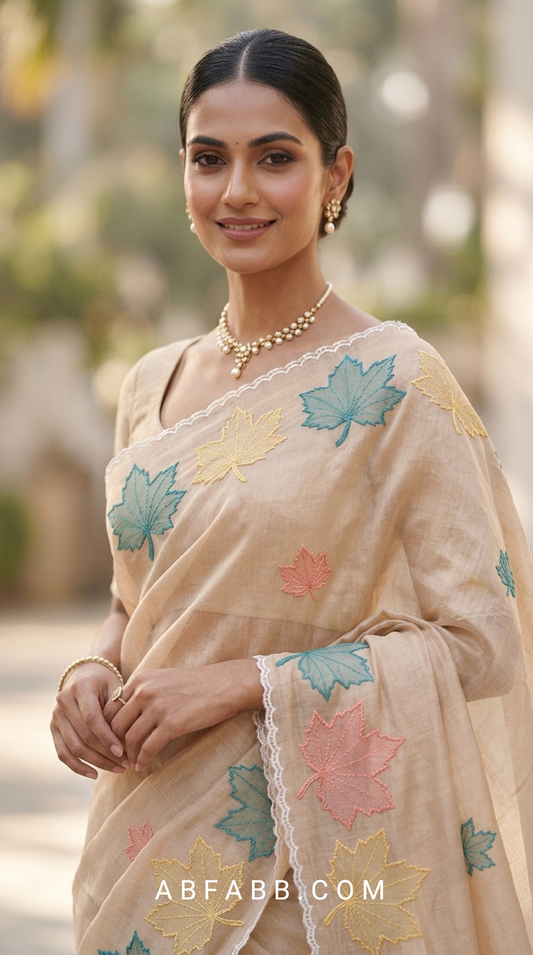 Beige Mul Chanderi Silk Saree with Multicolour Maple Leaf Organza Applique Work & Scalloped Border