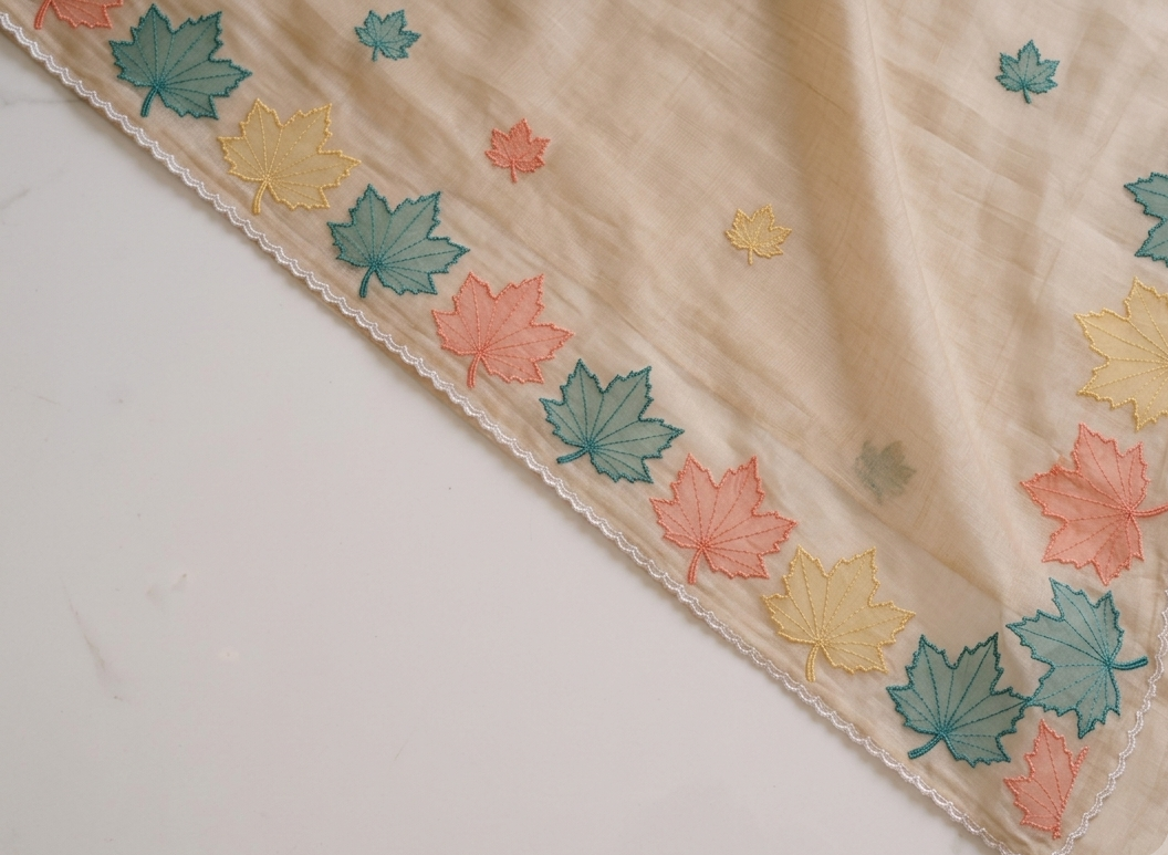 Beige Mul Chanderi Silk Saree with Multicolour Maple Leaf Organza Applique Work & Scalloped Border