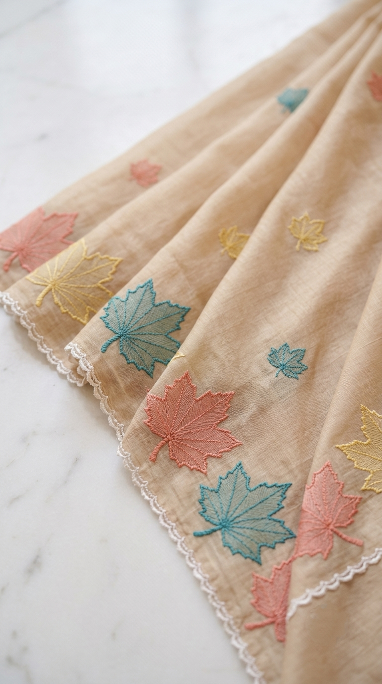 Beige Mul Chanderi Silk Saree with Multicolour Maple Leaf Organza Applique Work & Scalloped Border
