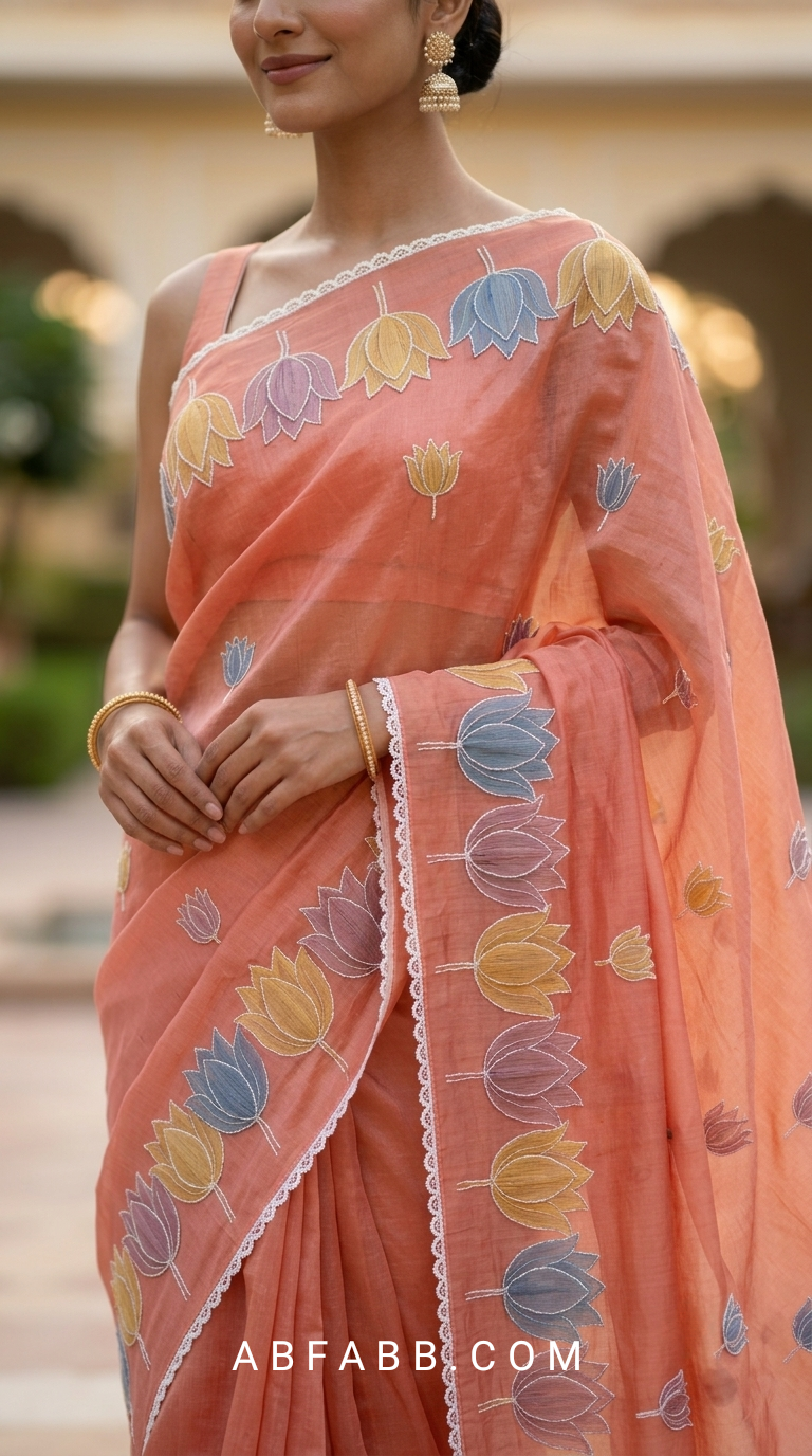 Salmon Pink Mul Chanderi Silk Saree with Organza Tulip Applique Work & Delicate White Stitch Detailing