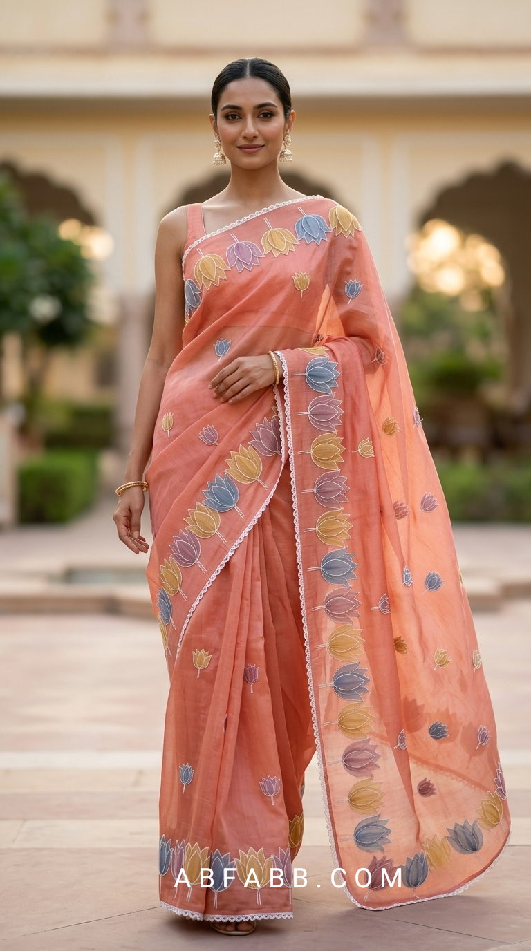Salmon Pink Mul Chanderi Silk Saree with Organza Tulip Applique Work & Delicate White Stitch Detailing