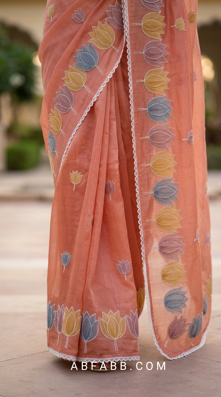 Salmon Pink Mul Chanderi Silk Saree with Organza Tulip Applique Work & Delicate White Stitch Detailing