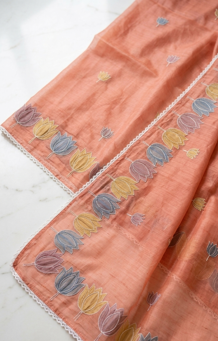 Salmon Pink Mul Chanderi Silk Saree with Organza Tulip Applique Work & Delicate White Stitch Detailing