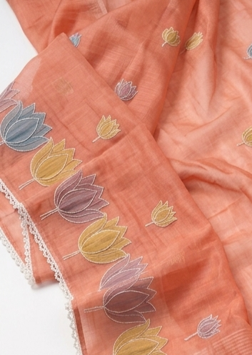 Salmon Pink Mul Chanderi Silk Saree with Organza Tulip Applique Work & Delicate White Stitch Detailing