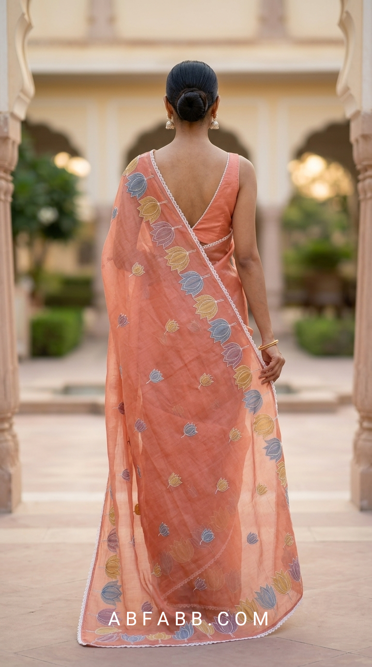 Salmon Pink Mul Chanderi Silk Saree with Organza Tulip Applique Work & Delicate White Stitch Detailing